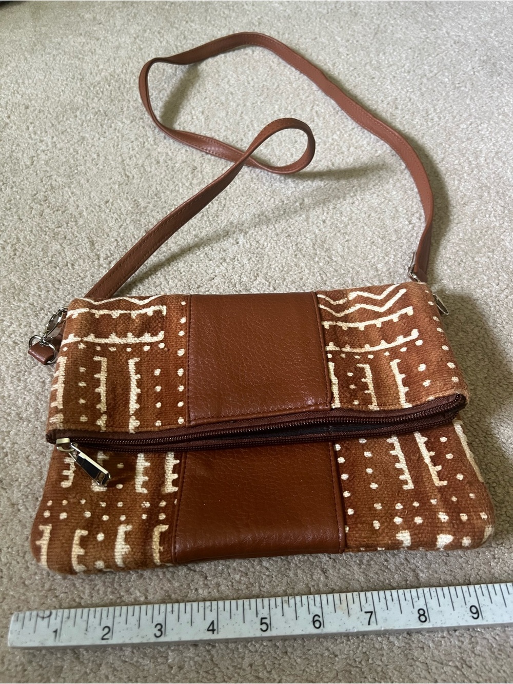 Brown African Mud Cloth  and Leather Shoulder Bag with Zip Detail